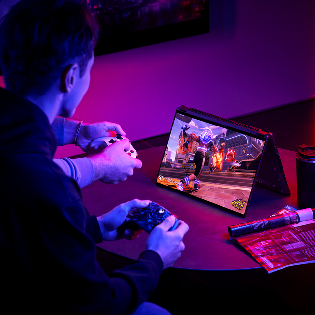 Rog Flow X16 Scenario Photo Gaming With Xbox Controller in Tent Mode